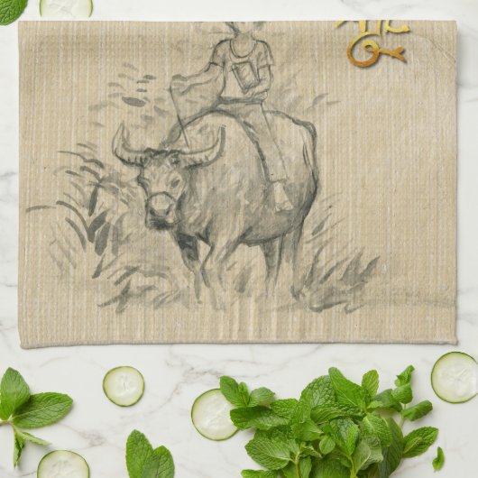 Water Buffalo Kind Chinees Ox Jaar 2021 kiest c KT Theedoek (Gevouwen)