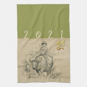 Water Buffalo Kind Chinees Ox Jaar 2021 kiest c KT Theedoek