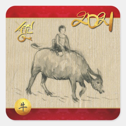 Water Buffalo Kind Chinees Ox Jaar 2021 SqS Vierkante Sticker (Voorkant)