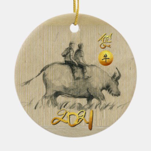 Water Buffalo Kinderen Chinees Ox Jaar 2021 CRO Keramisch Ornament (Voorkant)