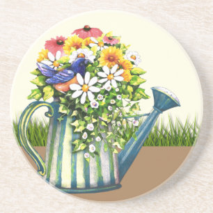 Water can met wilde bloemen zandsteen onderzetter