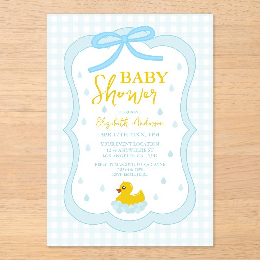 Water Droplets Gingham Boy Baby Shower Acryl Uitnodigingen (Voorkant)