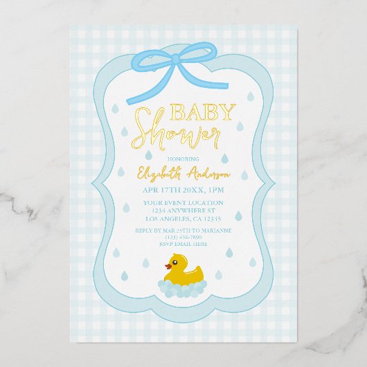 Water Droplets Gingham Boy Baby Shower Folie Uitnodiging (Voorkant)