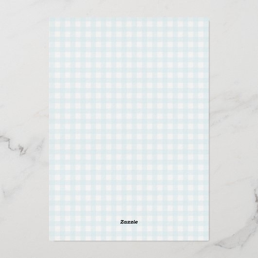 Water Droplets Gingham Boy Baby Shower Folie Uitnodiging (Achterkant)
