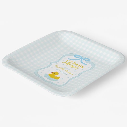 Water Droplets Gingham Boy Baby Shower Papieren Bordje (Gebogen)