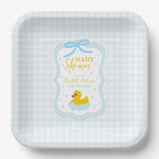 Water Droplets Gingham Boy Baby Shower Papieren Bordje (Voorkant)