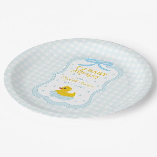 Water Droplets Gingham Boy Baby Shower Papieren Bordje (Gekanteld)