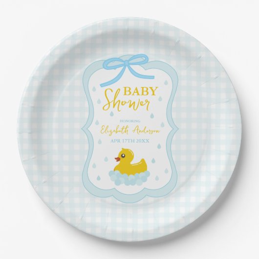 Water Droplets Gingham Boy Baby Shower Papieren Bordje (Voorkant)