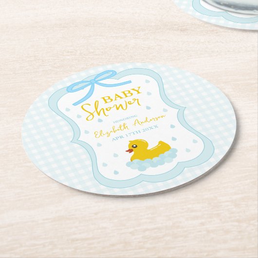 Water Droplets Gingham Boy Baby Shower Ronde Kartonnen Onderzetter (Gebogen)