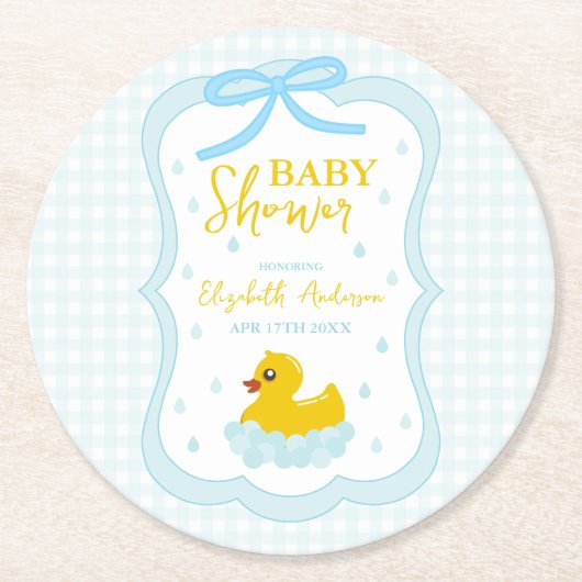 Water Droplets Gingham Boy Baby Shower Ronde Kartonnen Onderzetter (Voorkant)
