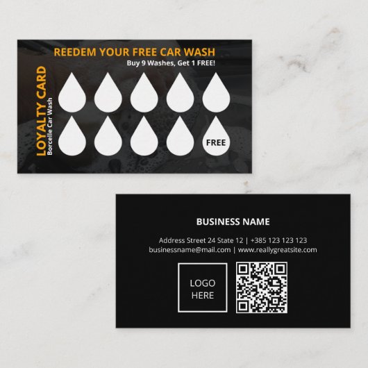 Water Drops Car Wash QR Code Loyalty Kaart (Voorkant / Achterkant)