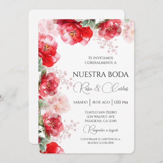 Water gekleurd Roos Spaans bruiloft uitnodiging (Voorkant / Achterkant)