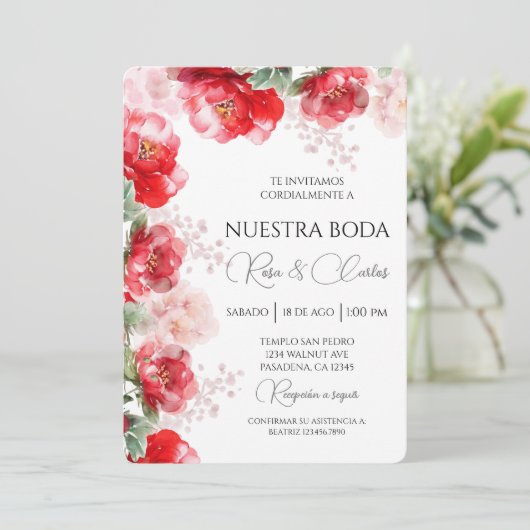 Water gekleurd Roos Spaans bruiloft uitnodiging (Staand voorkant)