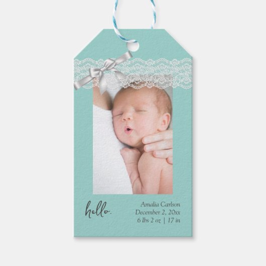 Water Green Lace geboorte aankondiging Cadeaulabel (Voorkant)