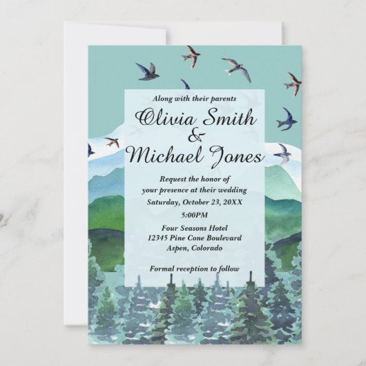 Water kleur bergen en bomen bruiloft uitnodiging (Voorkant)