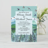 Water kleur bergen en bomen bruiloft uitnodiging (Staand voorkant)