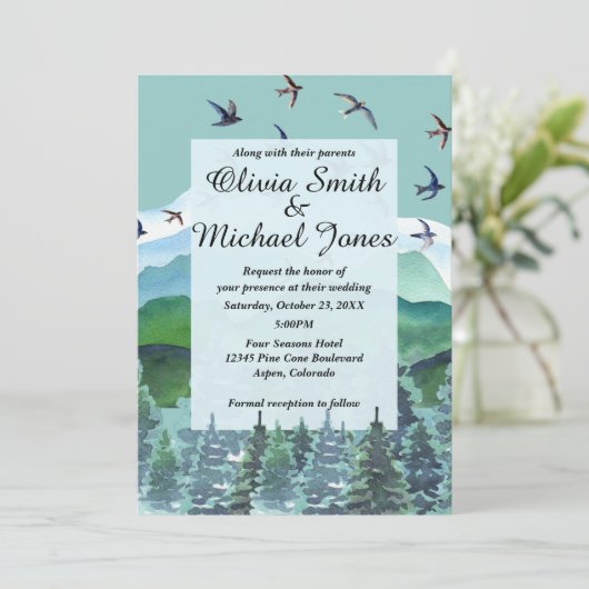 Water kleur bergen en bomen bruiloft uitnodiging (Staand voorkant)
