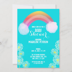 Water Kleur Bloemen Regenboog   Blauwe Baby Shower Kaart