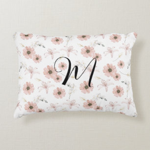 Water Kleur Blozende Roze Bloemen Kunst Monogram Accent Kussen