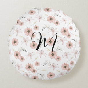 Water Kleur Blozende Roze Bloemen Kunst Monogram Rond Kussen
