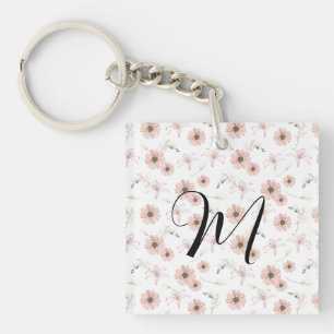 Water Kleur Blozende Roze Bloemen Kunst Monogram Sleutelhanger