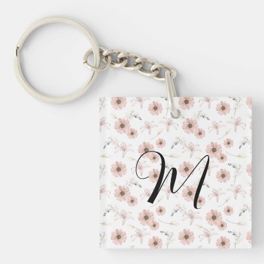 Water Kleur Blozende Roze Bloemen Kunst Monogram Sleutelhanger (voorkant)