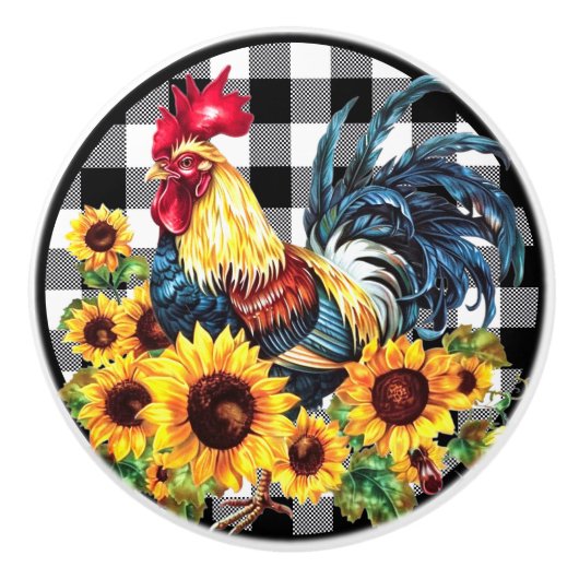 Water Kleur Haan Zonnebloem Geel Zwart Plaid Keramische Knop (Voorkant)