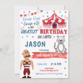 Water Kleur Rood & Blauw Circus Verjaardag Uitnodi Kaart (Voorkant)