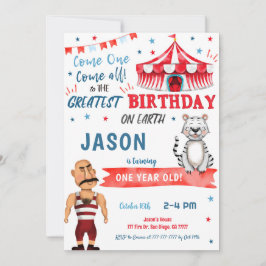 Water Kleur Rood & Blauw Circus Verjaardag Uitnodi Kaart