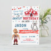 Water Kleur Rood & Blauw Circus Verjaardag Uitnodi Kaart (Staand voorkant)