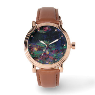 WATER LIES GREEN POND Claude Monet Dark Floral Horloge