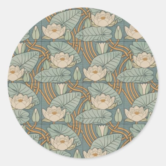 Water Lilies Lily Art Nouveau Natuur Ronde Sticker (Voorkant)