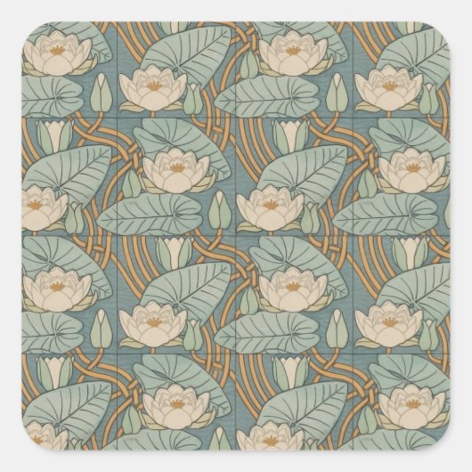 Water Lilies Lily Art Nouveau Natuur Vierkante Sticker (Voorkant)