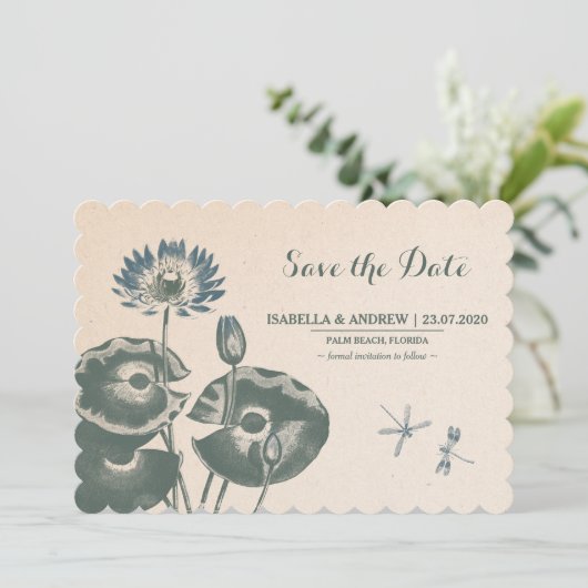 Water Lily en Dragonfly sparen de datum Save The Date (Staand voorkant)