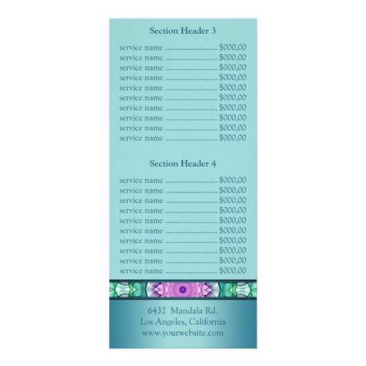 Water Lily mandala prijslijst menu (Achterkant)