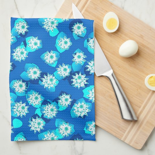 Water Lily Pattern, Turquoise, Blue and White Theedoek (Quarter Fold)