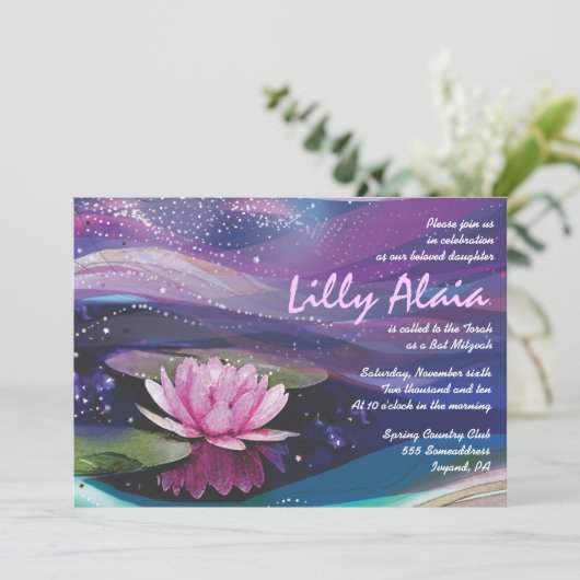 Water Lily Pond Bat Mitzvah Uitnodiging (Staand voorkant)