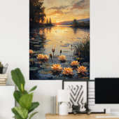 Water Lily Pond bij zonsondergang in impressionist Poster (Thuiskantoor)