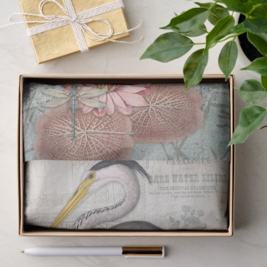 Water Lily Pond Grey Heron ontkoppelingskunst Tissuepapier (Geschenk)