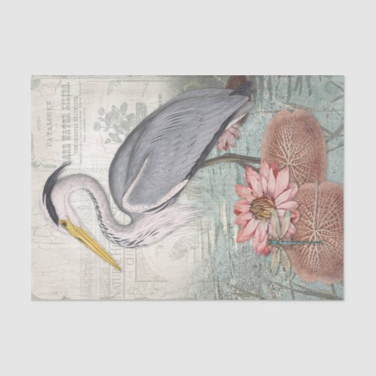 Water Lily Pond Grey Heron  ontkoppelingskunst Tissuepapier (Voorkant)