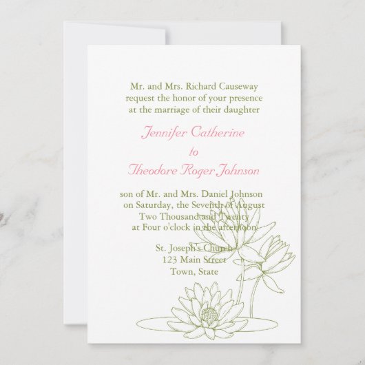 Water Lily Wedding Invitations Floral Sketch Kaart (Voorkant)