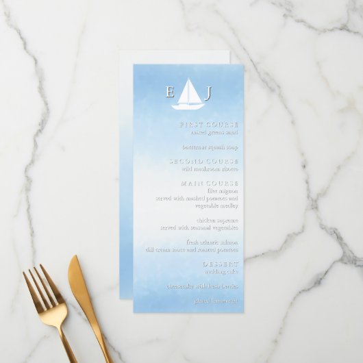 Water Meets Sky Watercolor Wedding Menu (Voorkant / Achterkant in situ)