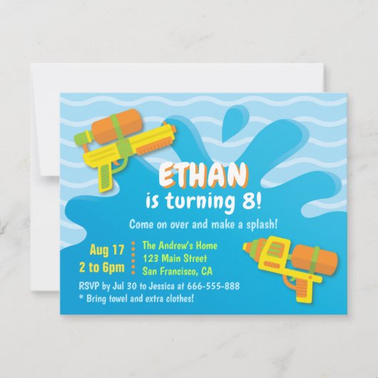 Water Pistool Boys Summer Birthday Party Invitatio Kaart (Voorkant)