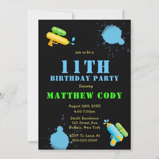 Water Pistool Splash Boy 11th Birthday Party nodig (Voorkant)