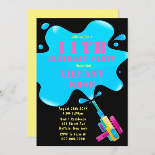 Water Pistool Splash Girl 11th Birthday Party nodi (Voorkant / Achterkant)