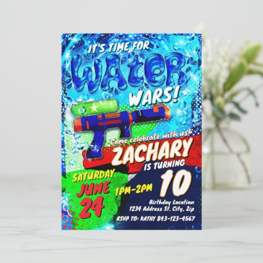 Water Pistool Verjaardag Uitnodiging Sjabloon | wa (Staand voorkant)