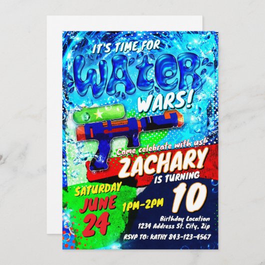 Water Pistool Verjaardag Uitnodiging Sjabloon | wa (Voorkant / Achterkant)