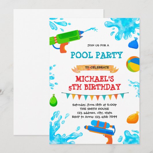 Water pistool zwembad feestuitnodiging kaart (Voorkant / Achterkant)