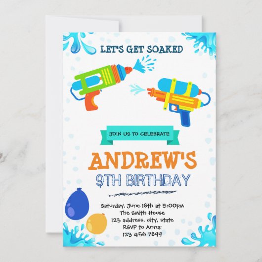 Water pistool zwembad verjaardagsthema uitnodiging (Voorkant)