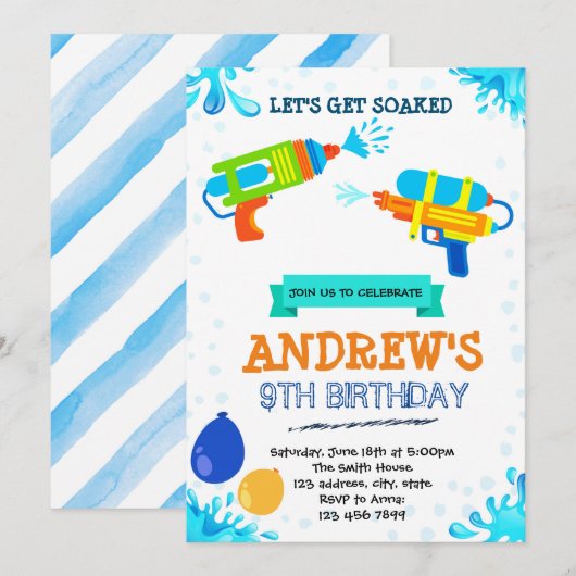 Water pistool zwembad verjaardagsthema uitnodiging (Voorkant / Achterkant)